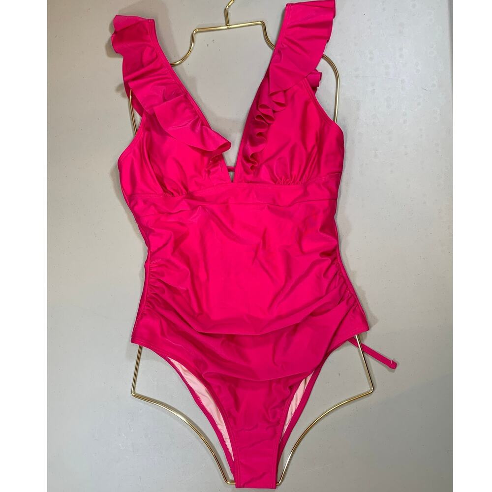 NWT CUPSHE Hot Pink Ruffle V Neck One Piece Swimsuit Sz Large